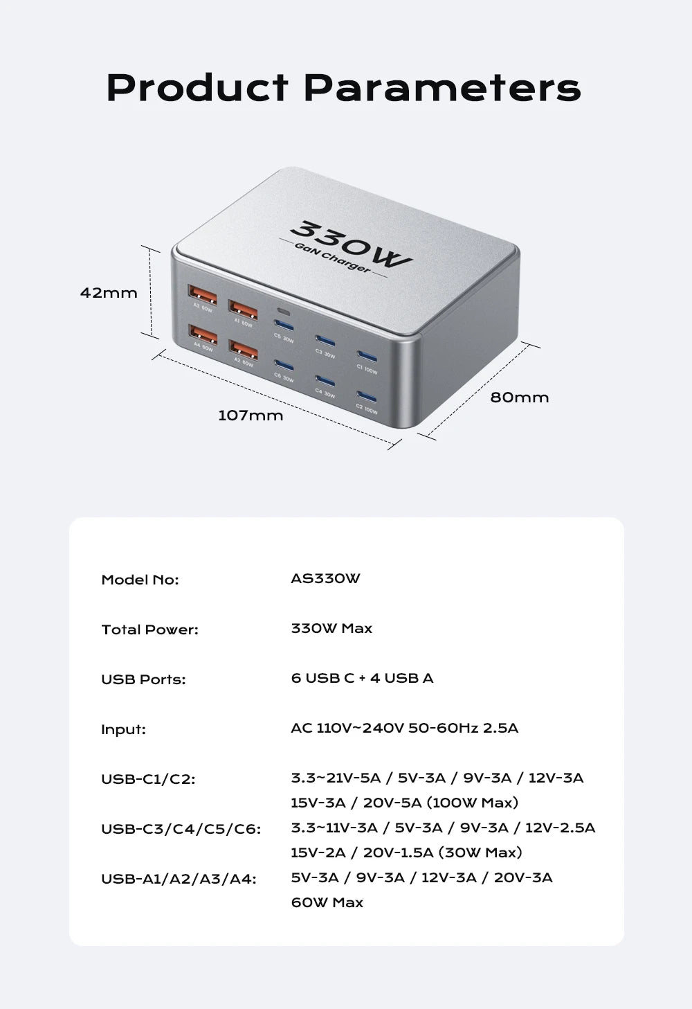 330W 10-Port GaN Desktop Charging Station - 100W PD 3.0 Fast Charger Block for Laptop, MacBook Pro, iPhone 17/16, Samsung & Tablet