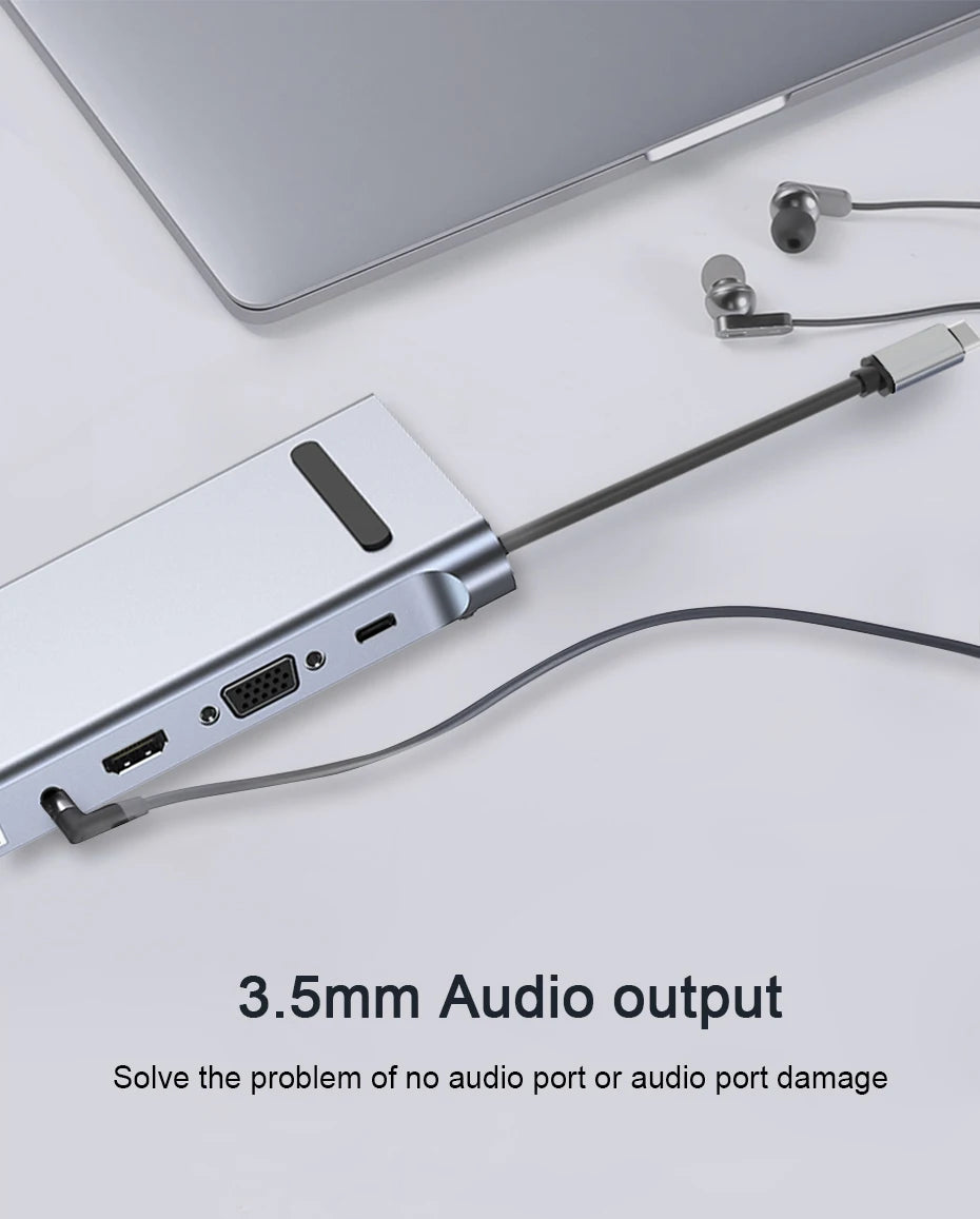 USB-C Docking Station – 11/12-in-1 Multiport Adapter with 4K HDMI, RJ45, SD/TF, VGA & USB 3.0