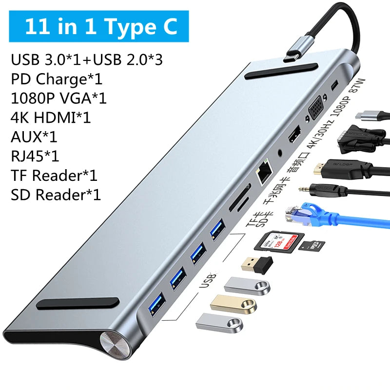 USB-C Docking Station – 11/12-in-1 Multiport Adapter with 4K HDMI, RJ45, SD/TF, VGA & USB 3.0