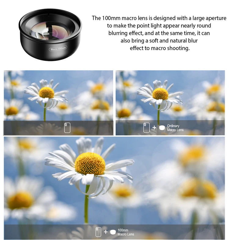 APEXEL 100mm Macro Phone Lens — 4K HD with Optional CPL & Star Filter for iPhone & Android
