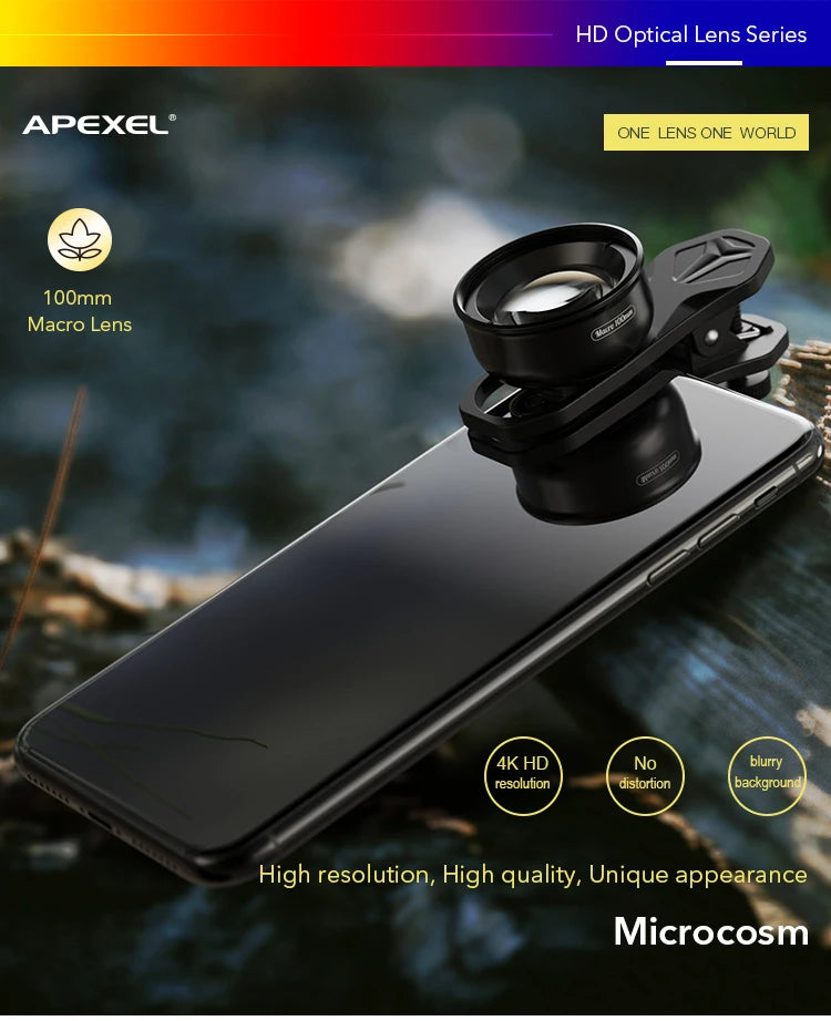 APEXEL 100mm Macro Phone Lens — 4K HD with Optional CPL & Star Filter for iPhone & Android