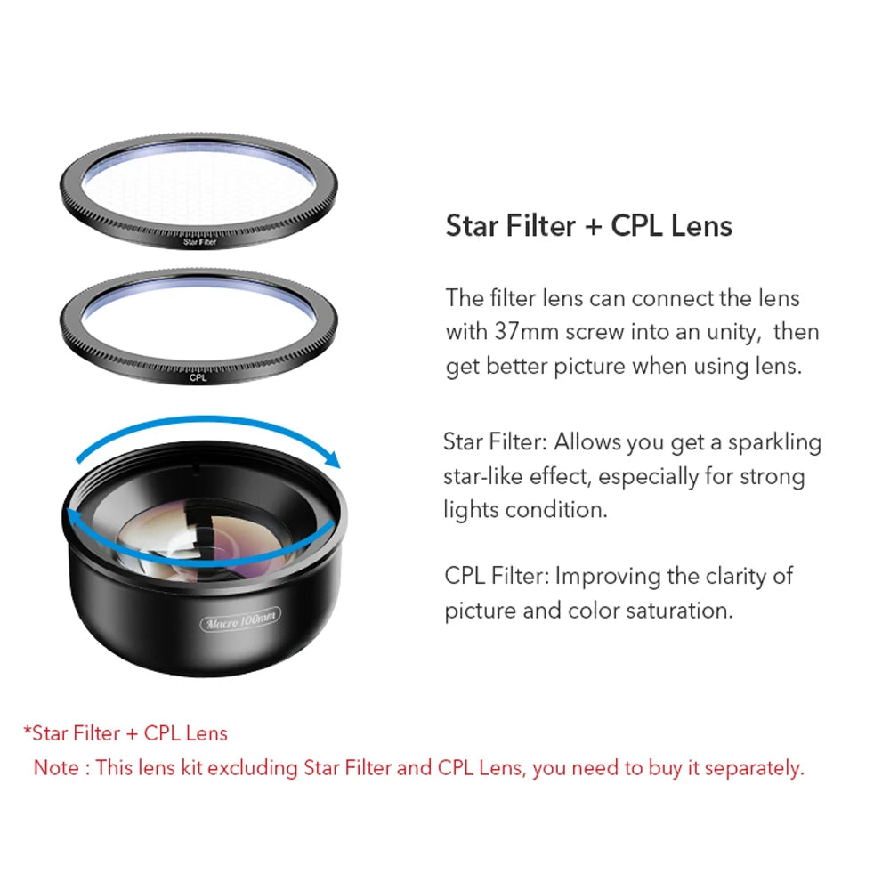 APEXEL 100mm Macro Phone Lens — 4K HD with Optional CPL & Star Filter for iPhone & Android
