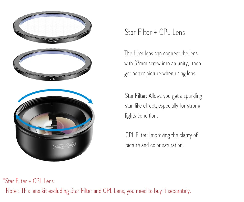 APEXEL APL-HB100MM 100mm Macro Phone Lens Kit — 4K HD with CPL & Star Filter Bundle