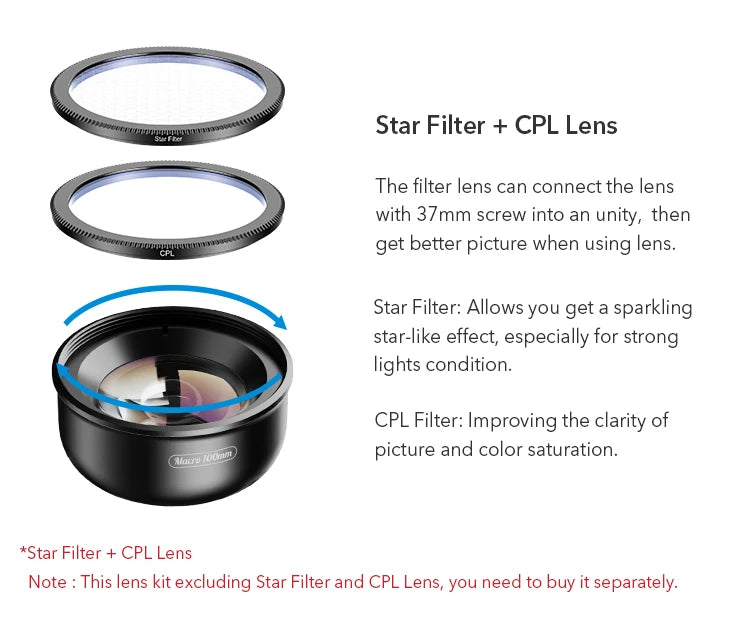APEXEL 100mm Macro Phone Lens — 4K HD with Optional CPL & Star Filter for iPhone & Android