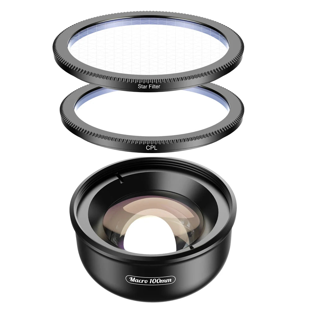 APEXEL 100mm Macro Phone Lens — 4K HD with Optional CPL & Star Filter for iPhone & Android