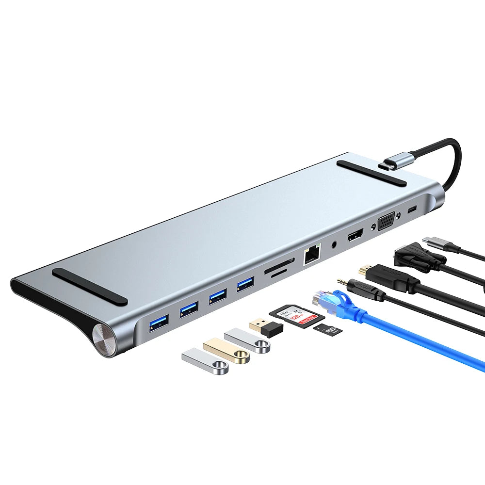 USB-C Docking Station – 11/12-in-1 Multiport Adapter with 4K HDMI, RJ45, SD/TF, VGA & USB 3.0
