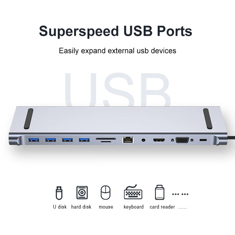 USB-C Docking Station – 11/12-in-1 Multiport Adapter with 4K HDMI, RJ45, SD/TF, VGA & USB 3.0