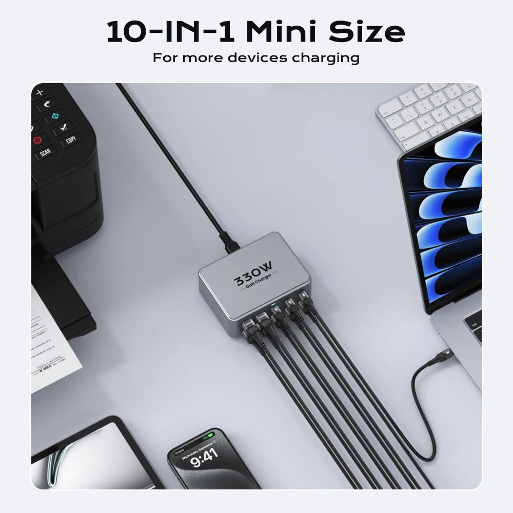 330W 10-Port GaN Desktop Charging Station - 100W PD 3.0 Fast Charger Block for Laptop, MacBook Pro, iPhone 17/16, Samsung & Tablet
