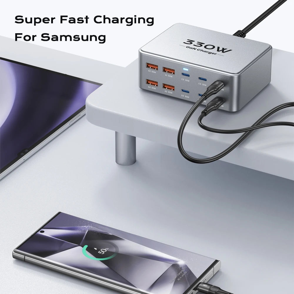 330W 10-Port GaN Desktop Charging Station - 100W PD 3.0 Fast Charger Block for Laptop, MacBook Pro, iPhone 17/16, Samsung & Tablet