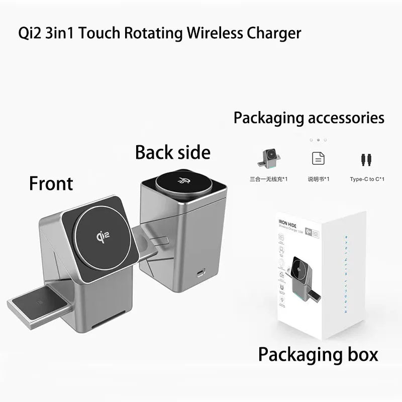 Qi2 3-in-1 Rotating Magnetic Wireless Charging Stand – 15W Fast Charge for Phone, Smartwatch & Earbuds