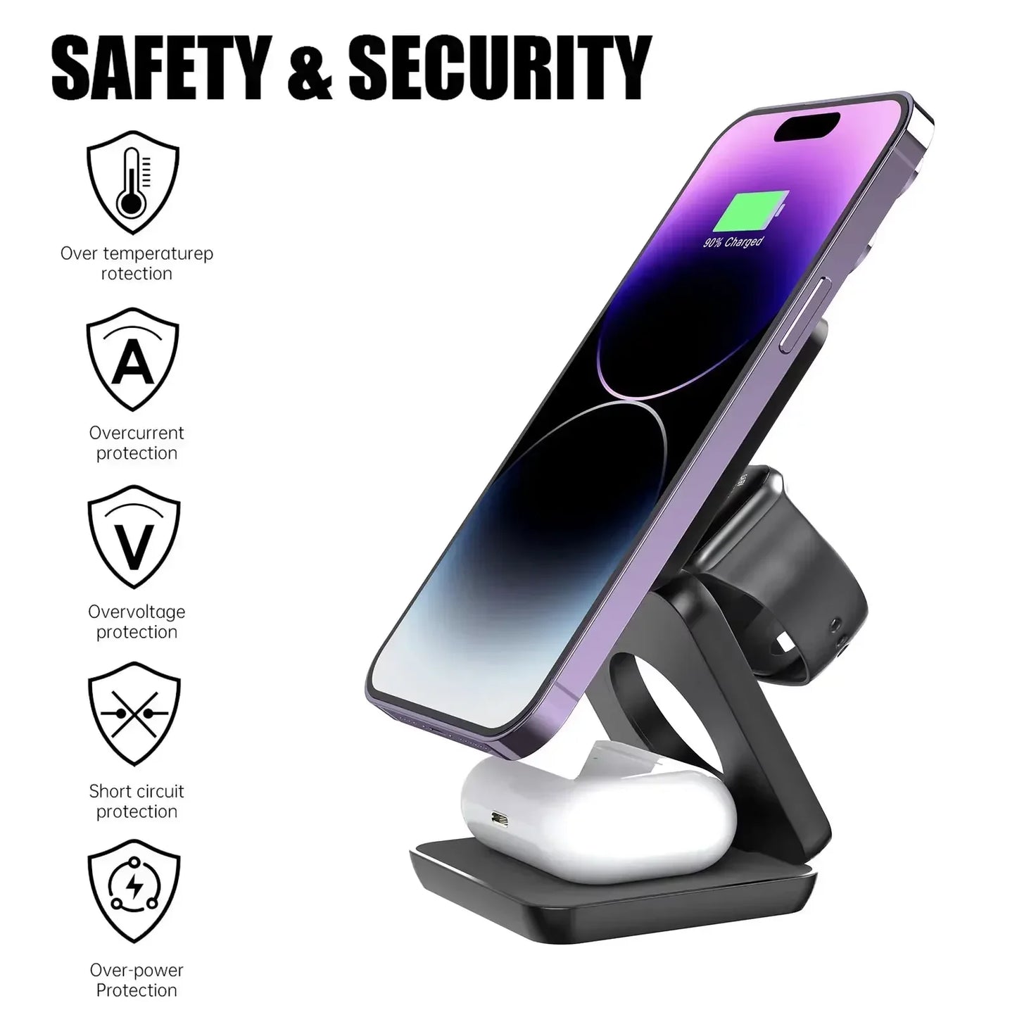 3-in-1 Magnetic Wireless Charging Station – Foldable 30W Fast Charger for Phone, Smartwatch & Earbuds