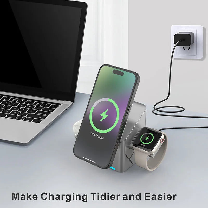 Qi2 3-in-1 Rotating Magnetic Wireless Charging Stand – 15W Fast Charge for Phone, Smartwatch & Earbuds