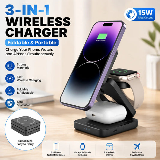3-in-1 Magnetic Wireless Charging Station – Foldable 30W Fast Charger for Phone, Smartwatch & Earbuds