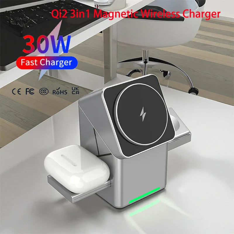 Qi2 3-in-1 Rotating Magnetic Wireless Charging Stand – 15W Fast Charge for Phone, Smartwatch & Earbuds