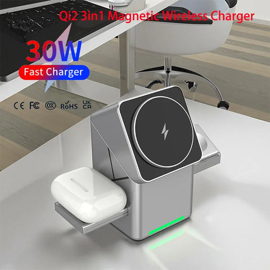 Qi2 3-in-1 Rotating Magnetic Wireless Charging Stand – 15W Fast Charge for Phone, Smartwatch & Earbuds
