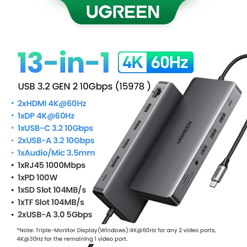 Dual HDMI USB-C Docking Station – Up to 13-in-1 with 8K/4K Output, RJ45, PD 100W & USB 3.0