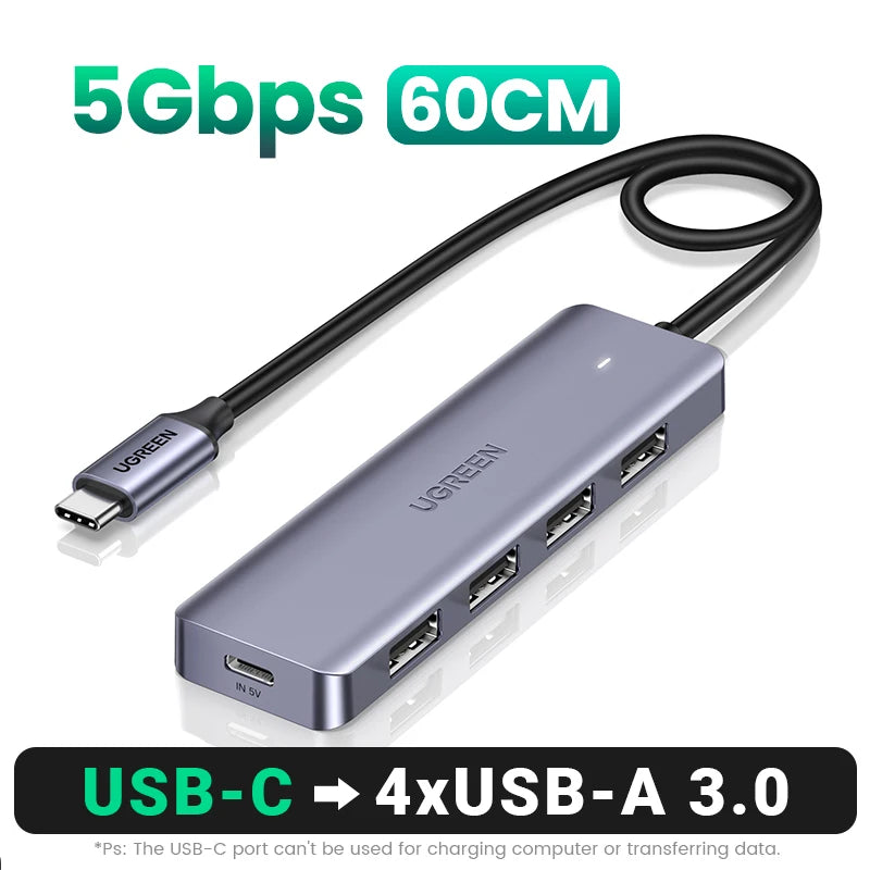 USB-C Hub – 4-Port USB 3.0 Splitter Adapter for Laptops, Tablets & Desktop PCs