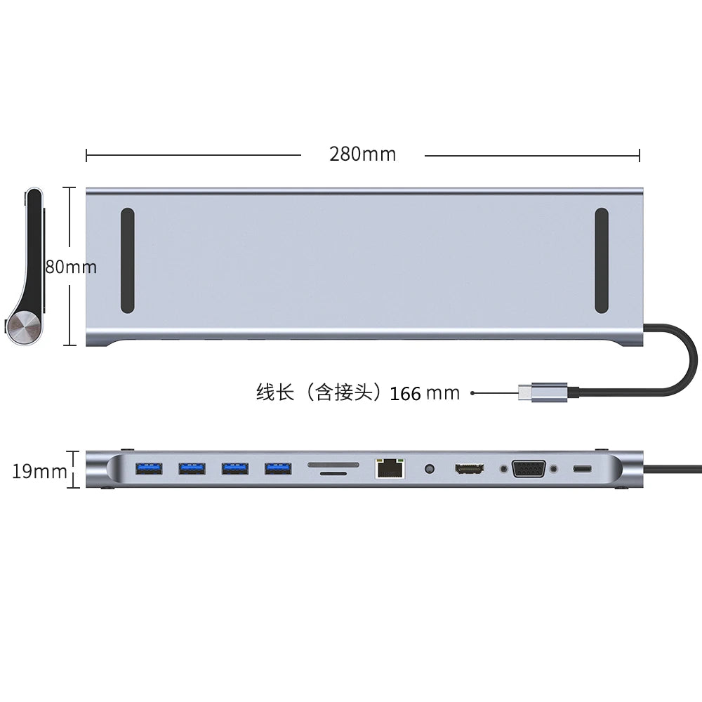 USB-C Docking Station – 11/12-in-1 Multiport Adapter with 4K HDMI, RJ45, SD/TF, VGA & USB 3.0