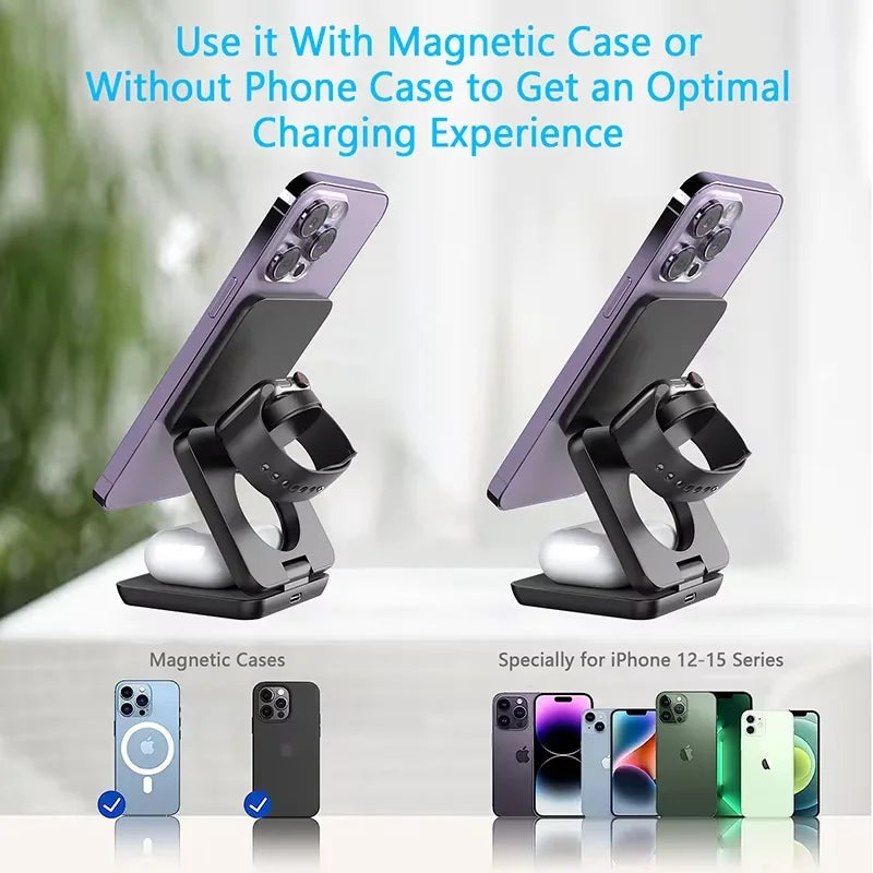 3-in-1 Magnetic Wireless Charging Station – Foldable 30W Fast Charger for Phone, Smartwatch & Earbuds