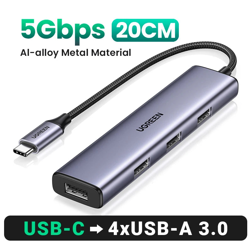 USB-C Hub – 4-Port USB 3.0 Splitter Adapter for Laptops, Tablets & Desktop PCs