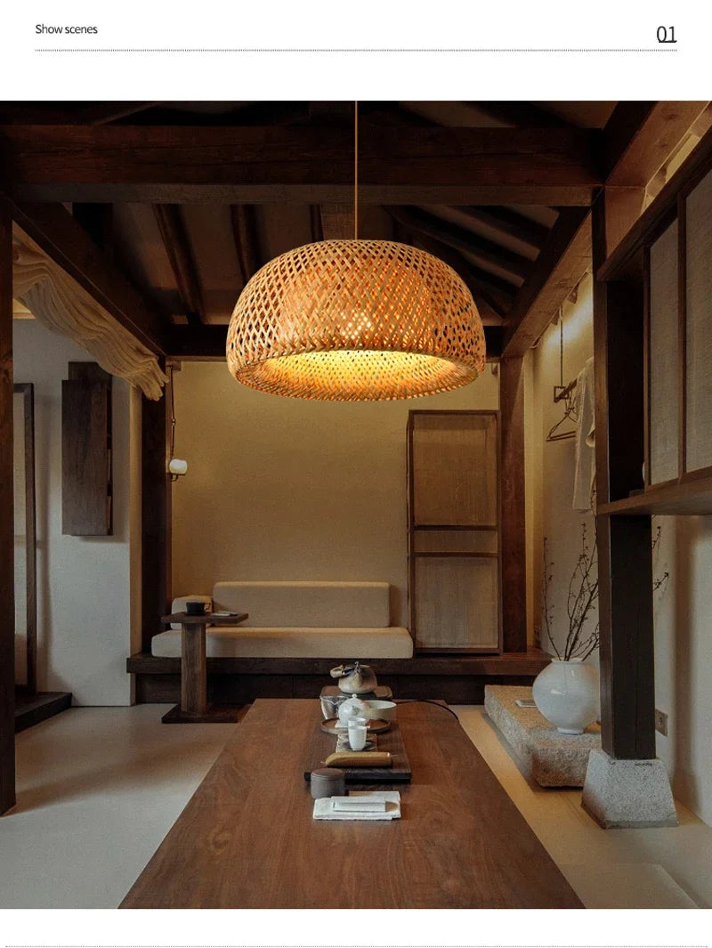 Bamboo Rattan Pendant Light – Handwoven Wicker Ceiling Lamp for Dining Room, Bedroom & Hotel