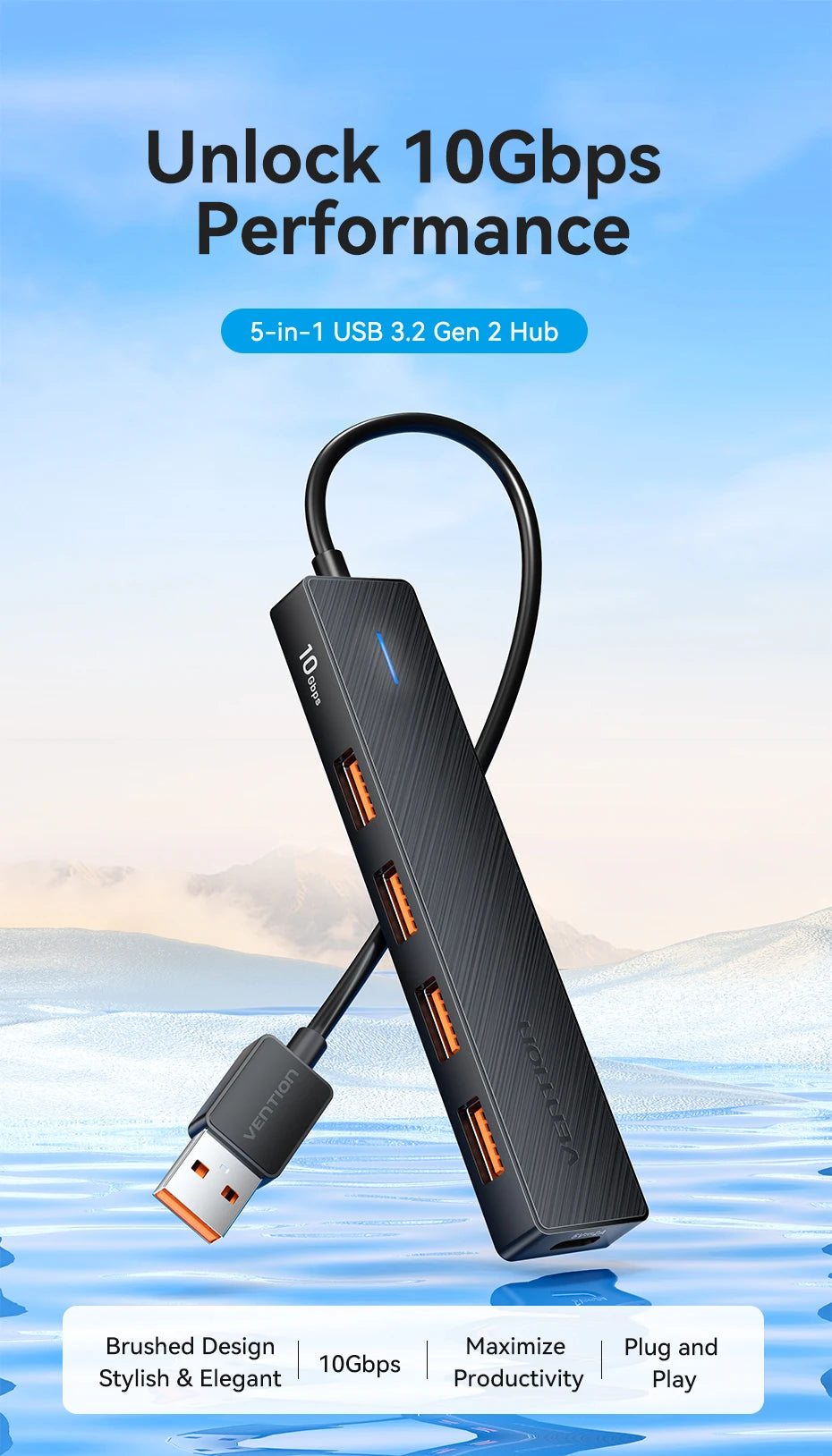 USB 3.2 Gen2 Hub – 5-Port 10Gbps USB-A & USB-C Multiport Adapter for MacBook, iPad & Laptop
