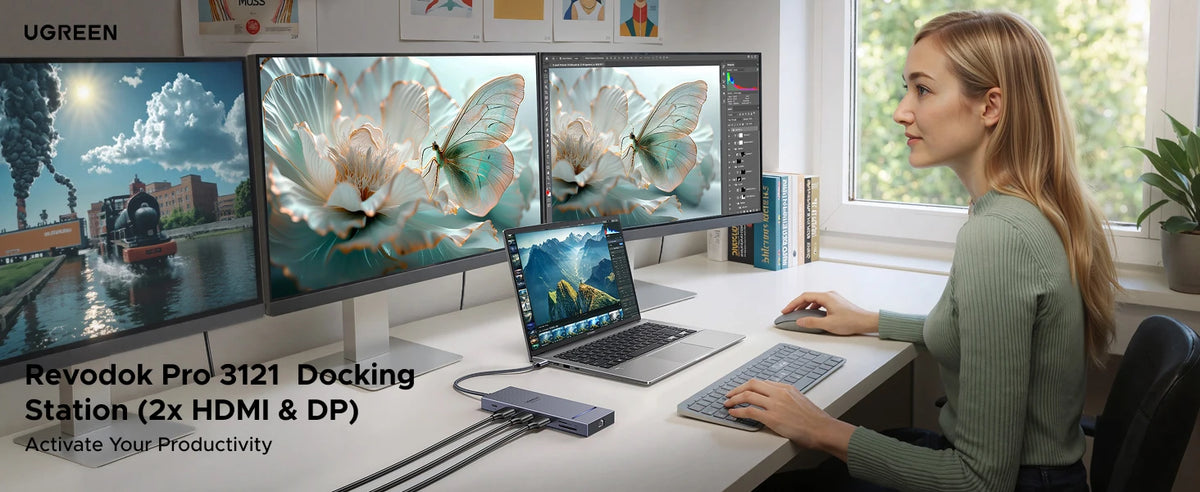 UGREEN USB-C Docking Station Hub — 4K120Hz DP, Dual HDMI, 10Gbps, RJ45, SD/TF, PD 100W