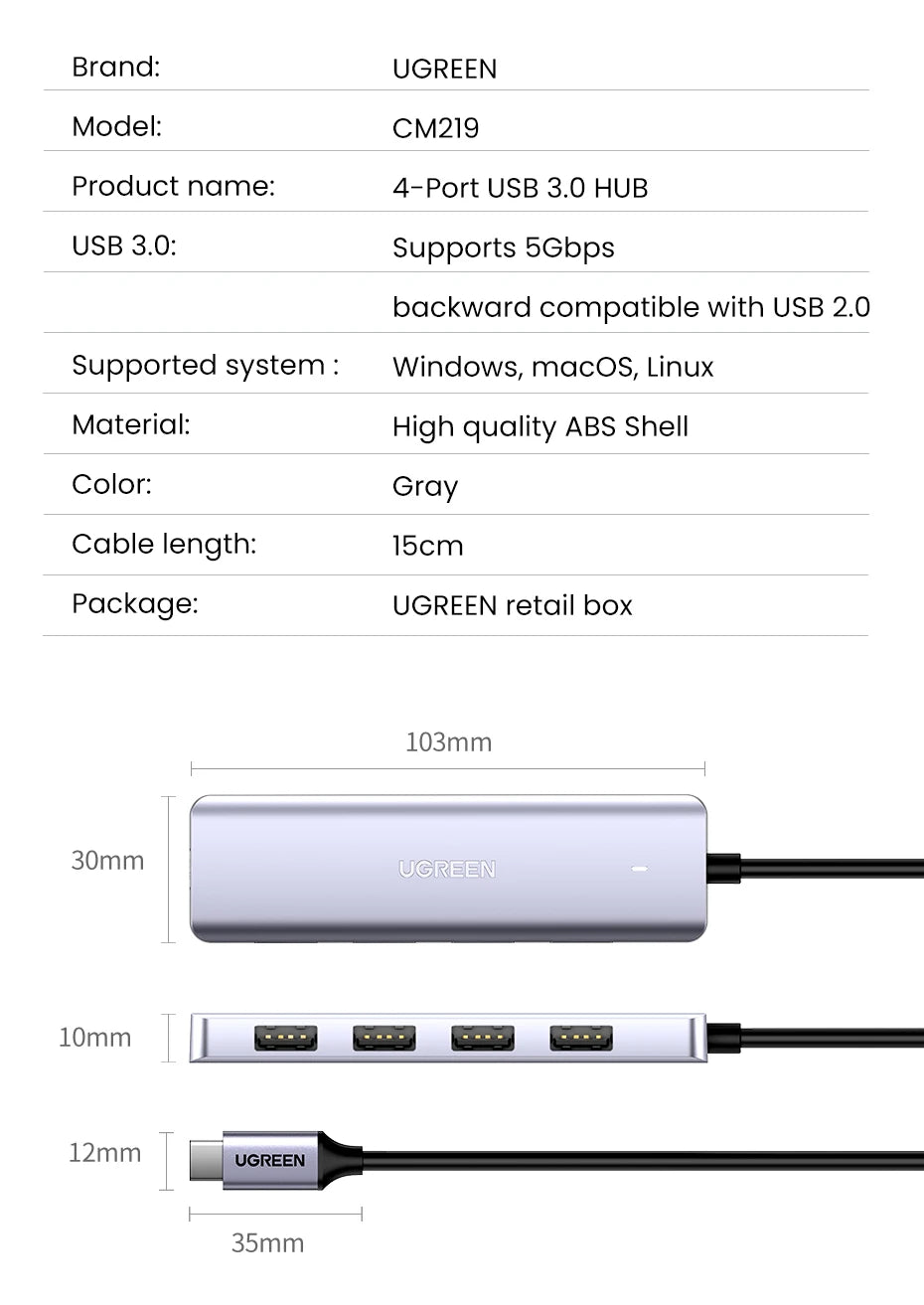 USB-C Hub – 4-Port USB 3.0 Splitter Adapter for Laptops, Tablets & Desktop PCs