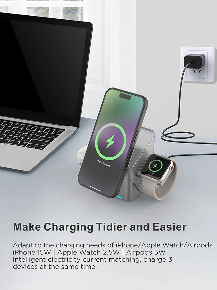 Qi2 3-in-1 Rotating Magnetic Wireless Charging Stand – 15W Fast Charge for Phone, Smartwatch & Earbuds