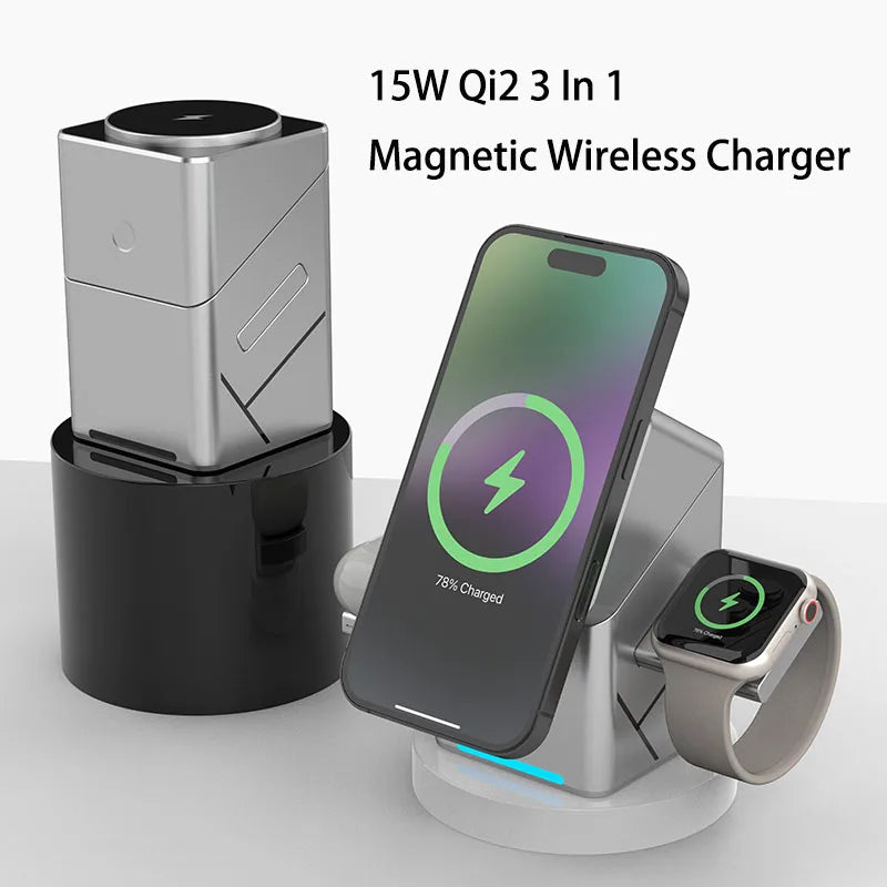 Qi2 3-in-1 Rotating Magnetic Wireless Charging Stand – 15W Fast Charge for Phone, Smartwatch & Earbuds