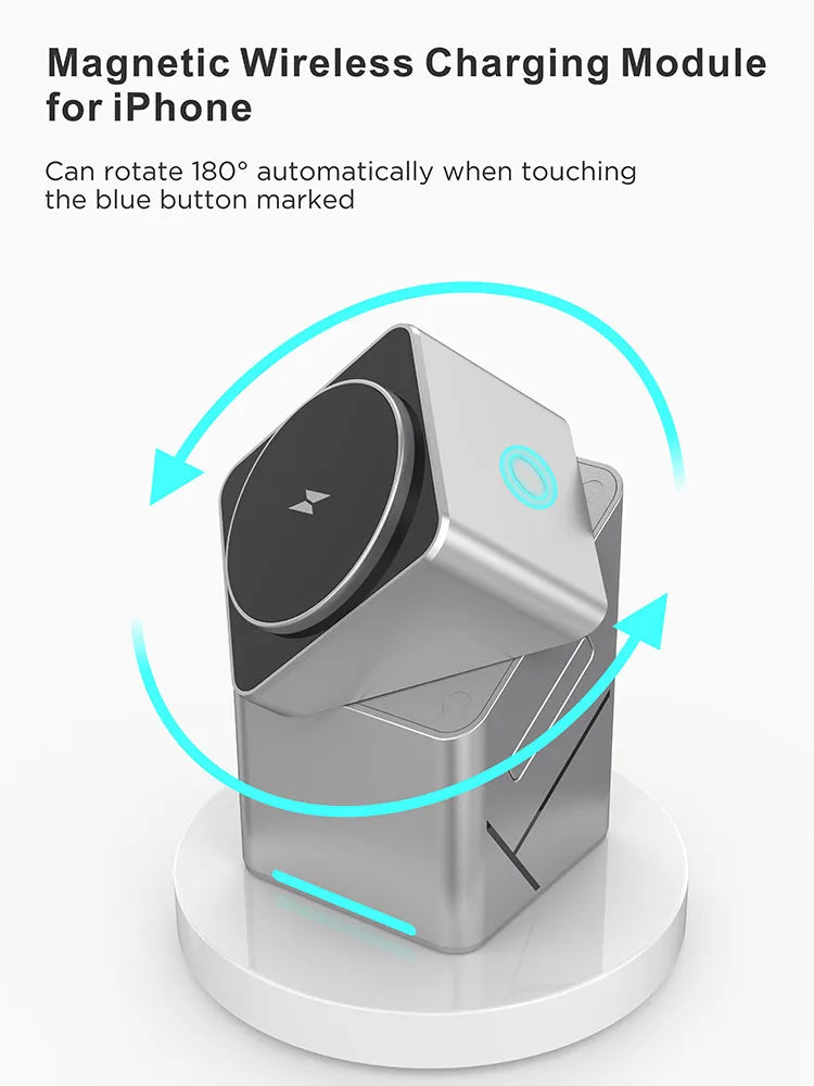 Qi2 3-in-1 Rotating Magnetic Wireless Charging Stand – 15W Fast Charge for Phone, Smartwatch & Earbuds