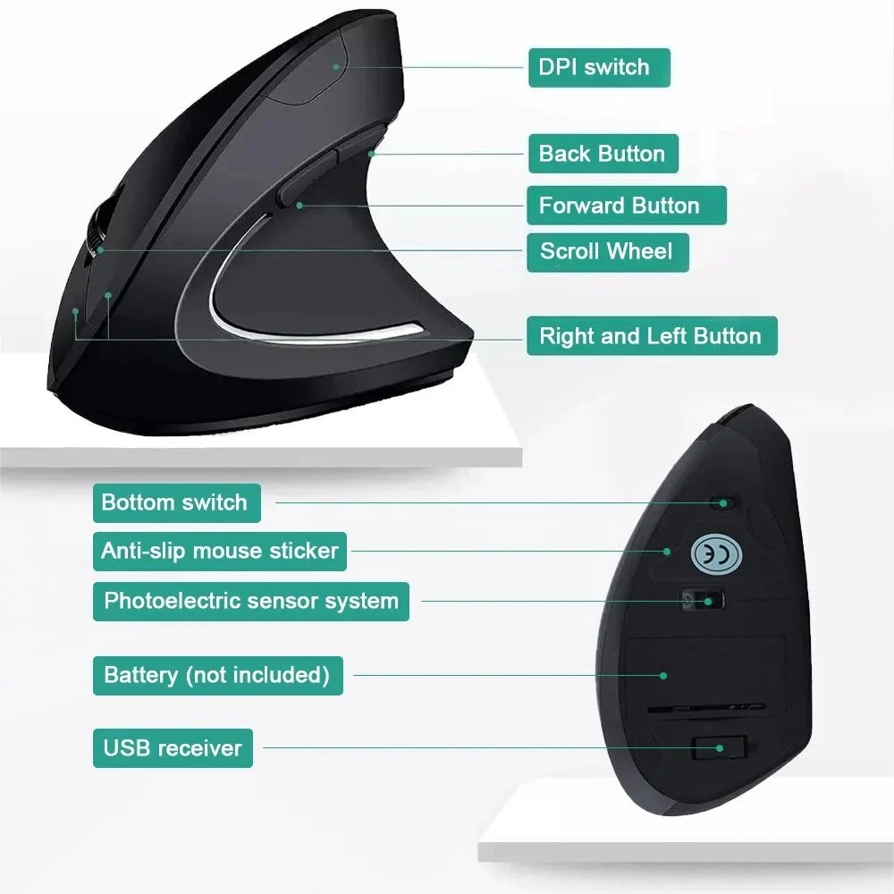 Ergonomic Vertical Wireless Mouse – 2.4GHz, 3 Adjustable DPI & 6 Buttons for Laptop & PC