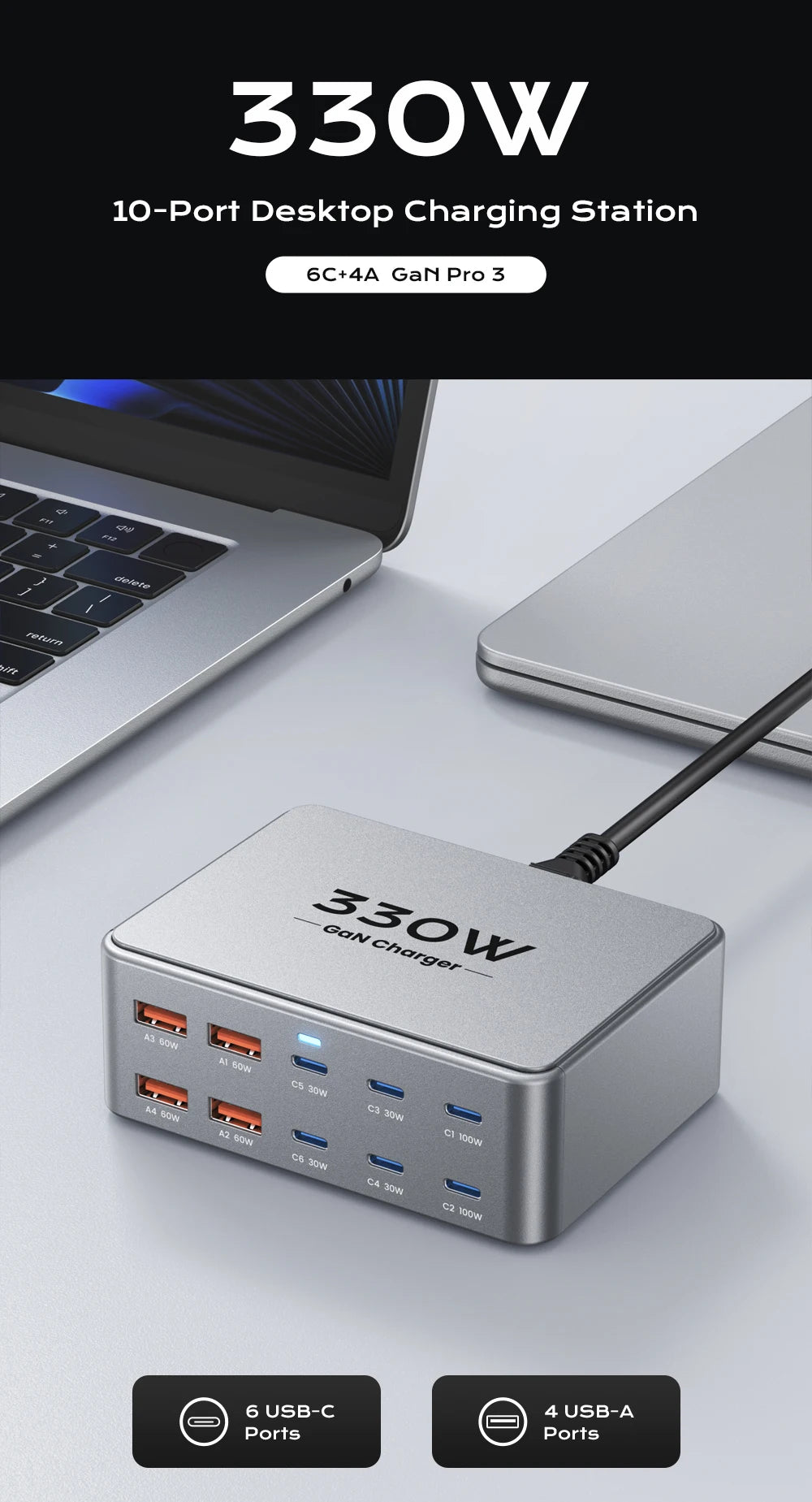 330W 10-Port GaN Desktop Charging Station - 100W PD 3.0 Fast Charger Block for Laptop, MacBook Pro, iPhone 17/16, Samsung & Tablet