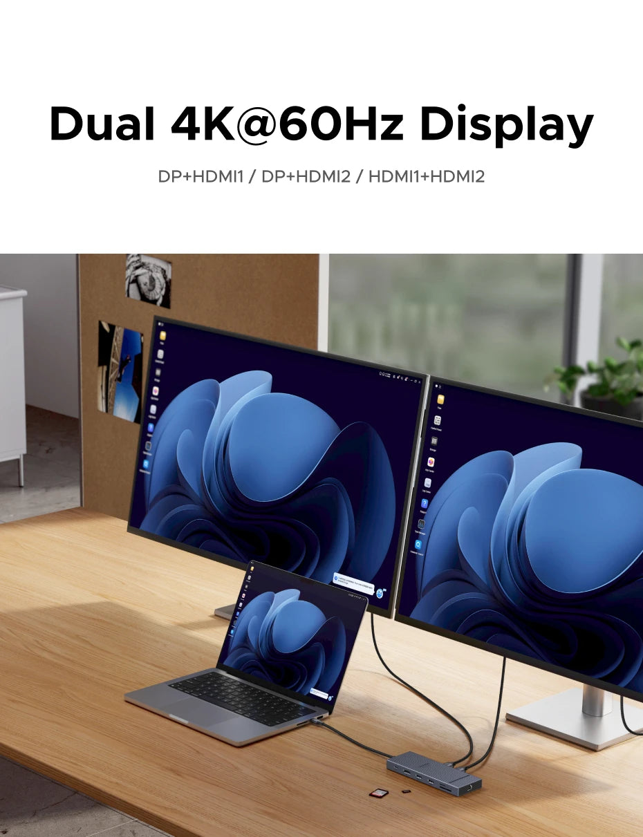 UGREEN USB-C Docking Station Hub — 4K120Hz DP, Dual HDMI, 10Gbps, RJ45, SD/TF, PD 100W