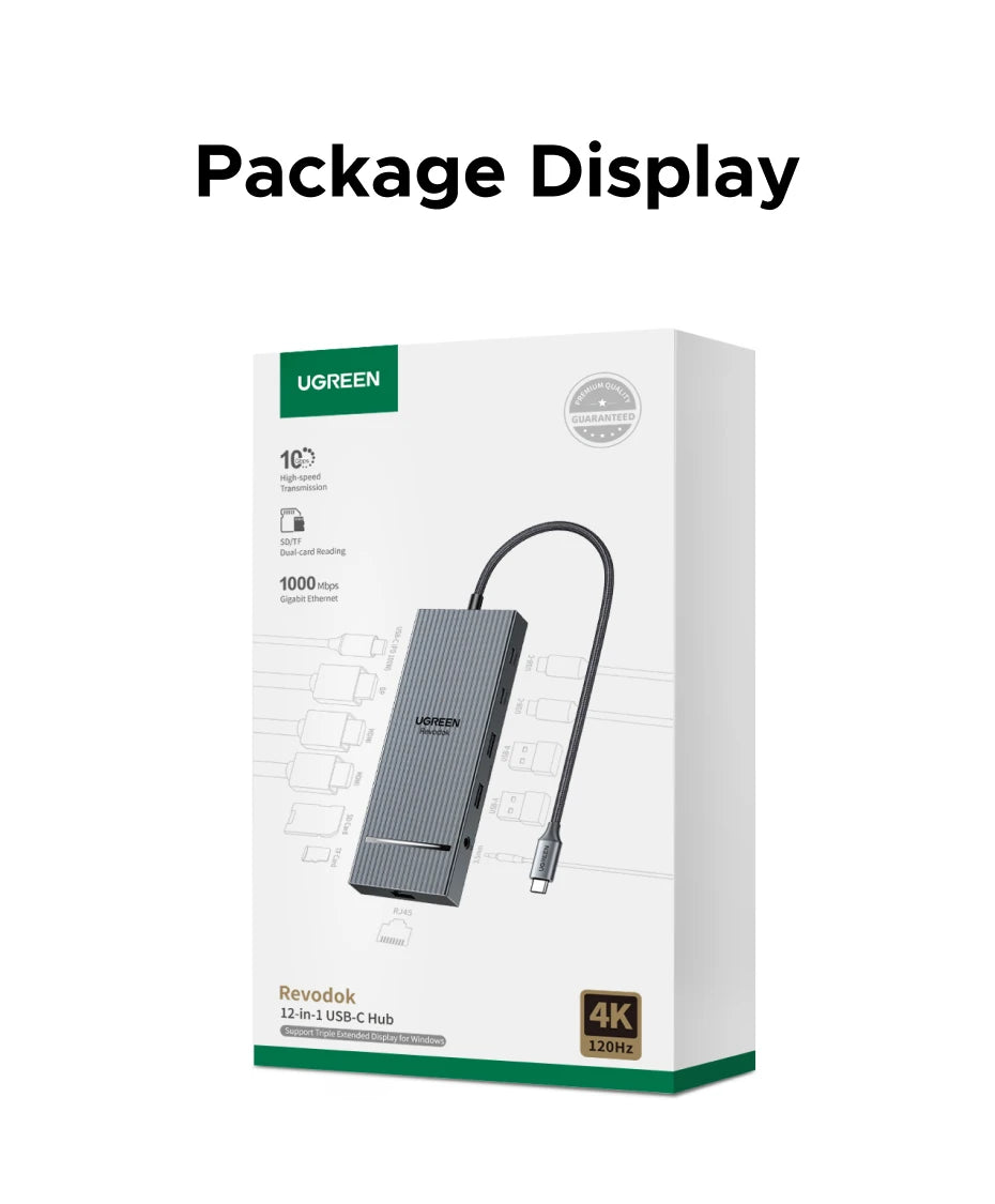 UGREEN USB-C Docking Station Hub — 4K120Hz DP, Dual HDMI, 10Gbps, RJ45, SD/TF, PD 100W