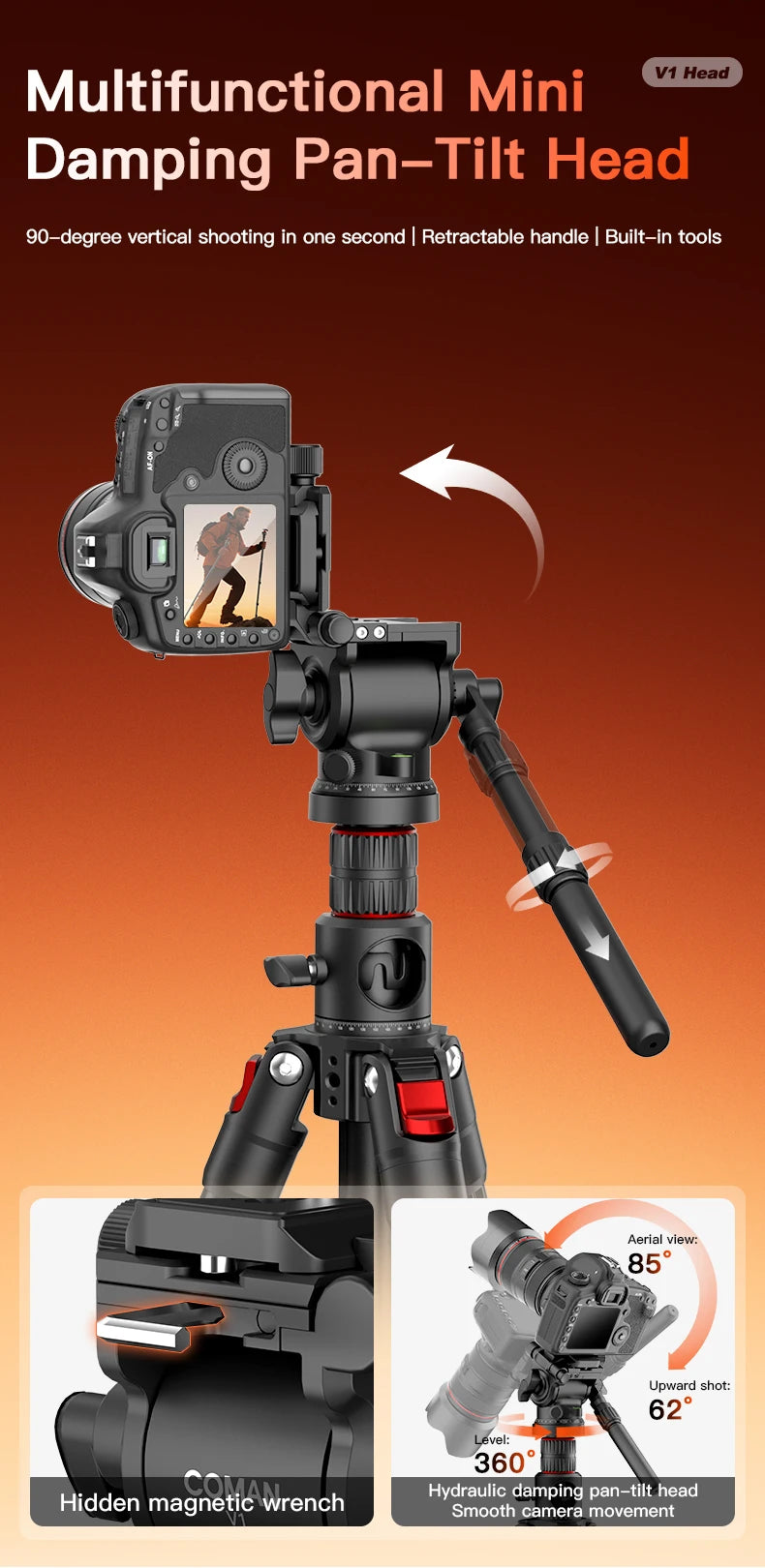COMAN KX3939 Mini V1 72" Overhead Camera Tripod with Fluid Head
