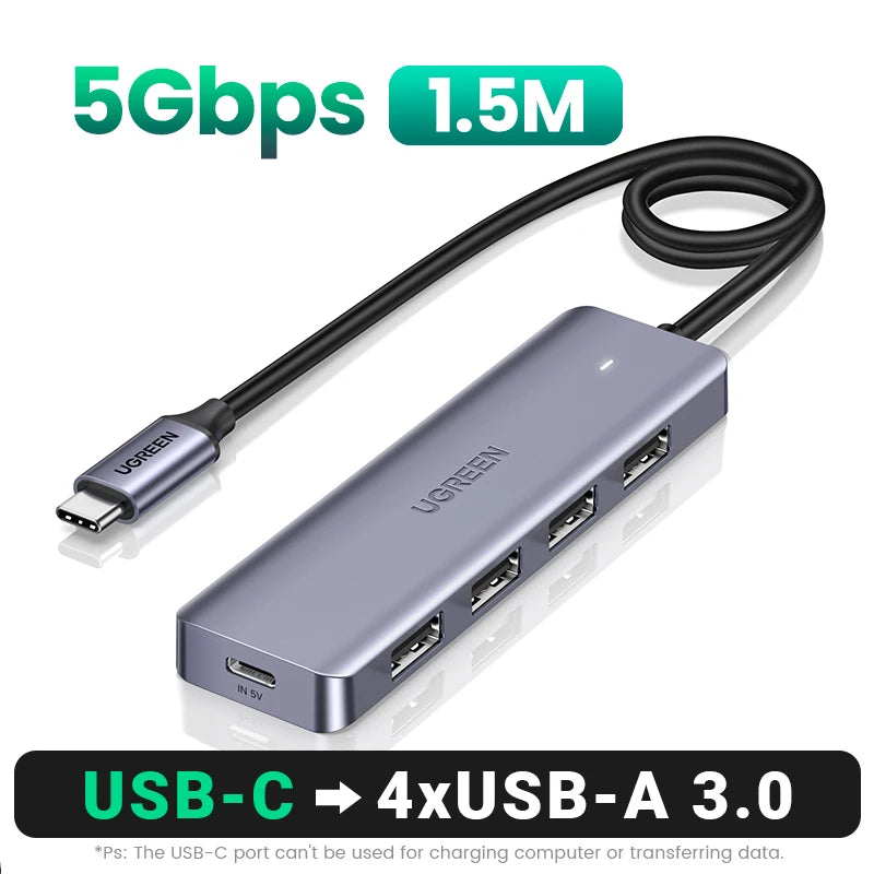 USB-C Hub – 4-Port USB 3.0 Splitter Adapter for Laptops, Tablets & Desktop PCs