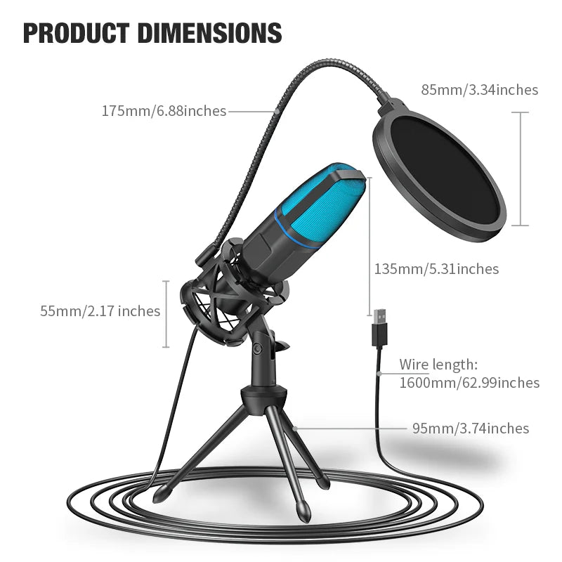 RGB USB Condenser Microphone – Wired Gaming Mic for Podcasting, Streaming & Studio Recording