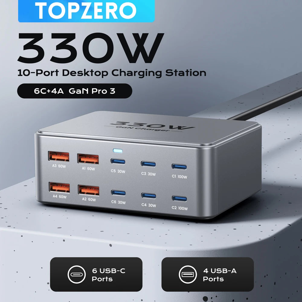 330W 10-Port GaN Desktop Charging Station - 100W PD 3.0 Fast Charger Block for Laptop, MacBook Pro, iPhone 17/16, Samsung & Tablet