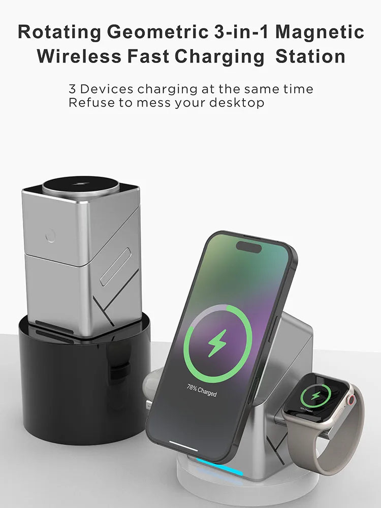 Qi2 3-in-1 Rotating Magnetic Wireless Charging Stand – 15W Fast Charge for Phone, Smartwatch & Earbuds