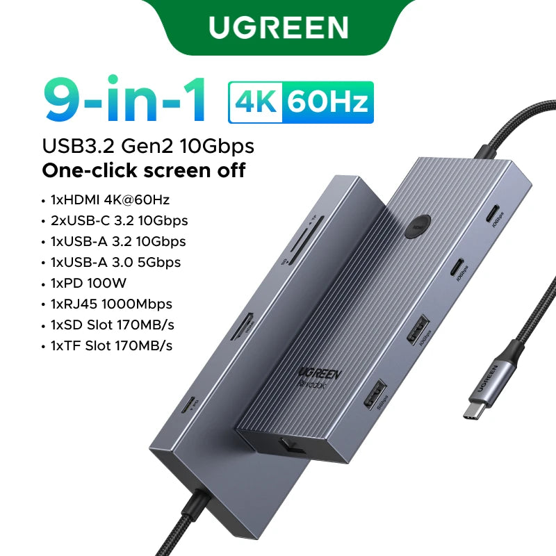 UGREEN USB-C Docking Station Hub — 4K120Hz DP, Dual HDMI, 10Gbps, RJ45, SD/TF, PD 100W