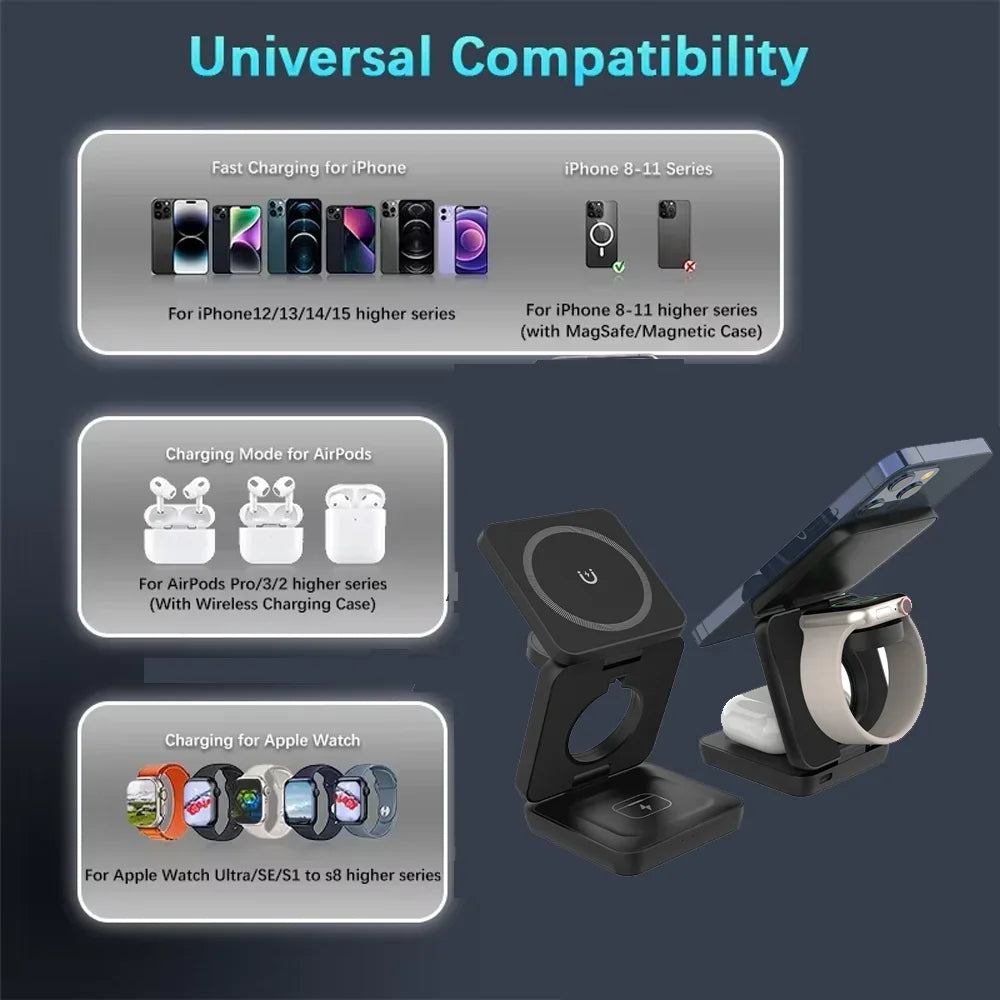 3-in-1 Magnetic Wireless Charging Station – Foldable 30W Fast Charger for Phone, Smartwatch & Earbuds