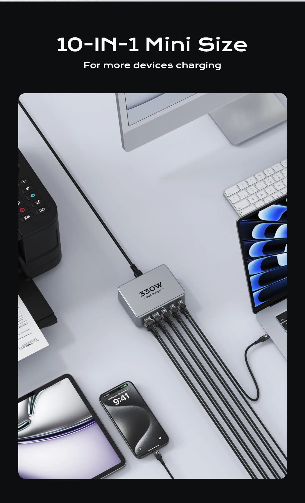 330W 10-Port GaN Desktop Charging Station - 100W PD 3.0 Fast Charger Block for Laptop, MacBook Pro, iPhone 17/16, Samsung & Tablet