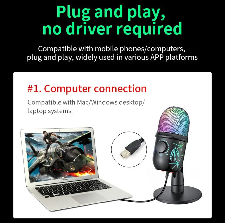 RGB USB Condenser Microphone with Breathing Light – Desktop Mic for Streaming, Gaming & Video Calls