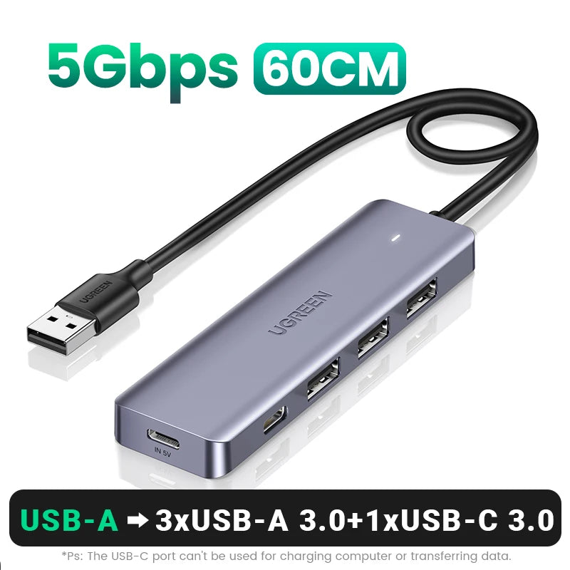 USB-C Hub – 4-Port USB 3.0 Splitter Adapter for Laptops, Tablets & Desktop PCs