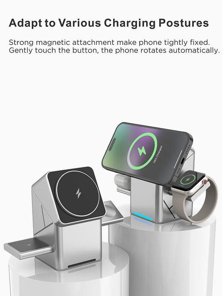 Qi2 3-in-1 Rotating Magnetic Wireless Charging Stand – 15W Fast Charge for Phone, Smartwatch & Earbuds