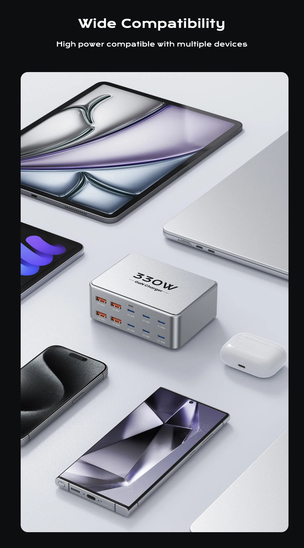 330W 10-Port GaN Desktop Charging Station - 100W PD 3.0 Fast Charger Block for Laptop, MacBook Pro, iPhone 17/16, Samsung & Tablet