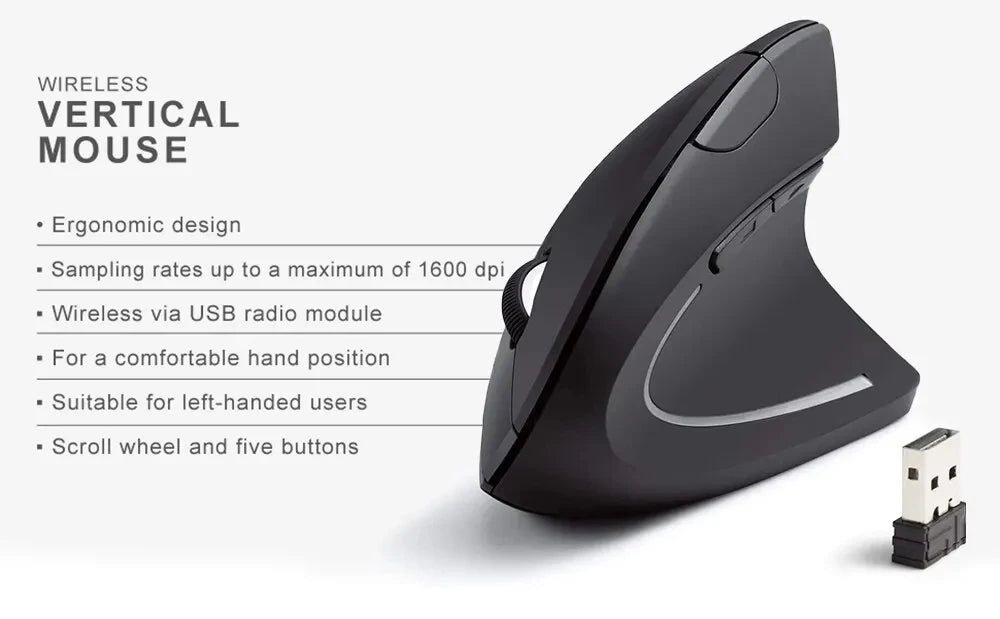 Ergonomic Vertical Wireless Mouse – 2.4GHz, 3 Adjustable DPI & 6 Buttons for Laptop & PC