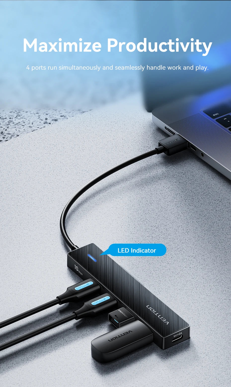 USB 3.2 Gen2 Hub – 5-Port 10Gbps USB-A & USB-C Multiport Adapter for MacBook, iPad & Laptop