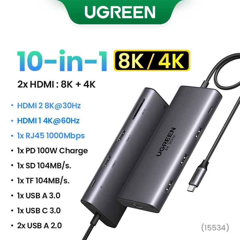 Dual HDMI USB-C Docking Station – Up to 13-in-1 with 8K/4K Output, RJ45, PD 100W & USB 3.0